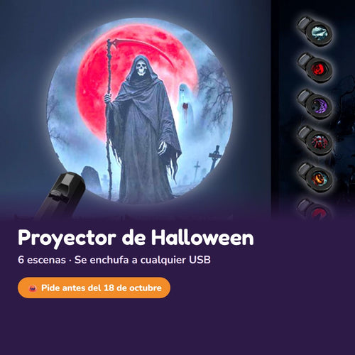 Proyector de Halloween proyectando la parca con luna roja en la pared
